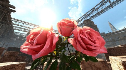 Beautiful Pink Roses Against a Distant Industrial Background with Sunlight Shining Through Clouds