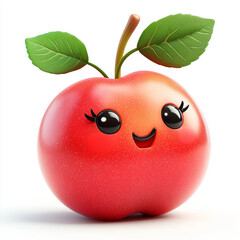 Cute Happy Cartoon Cherry With Sparkling Eyes and Green Leaves