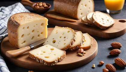 Delicious swiss cheese being served with bread and nuts for cheese lovers day