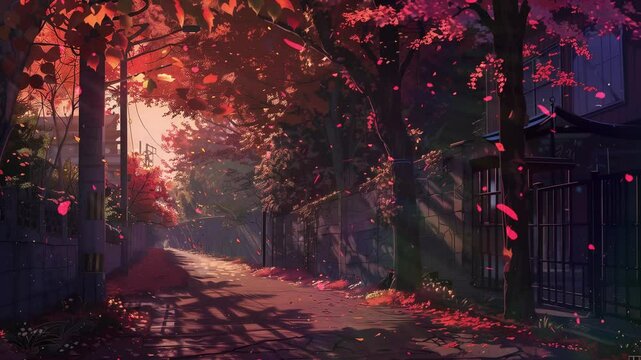 autumn background anime style seamless looping overlay 4k virtual video animation background