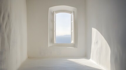 Fototapeta premium A simple white window with no frame, offering a view of the light-colored surroundings.