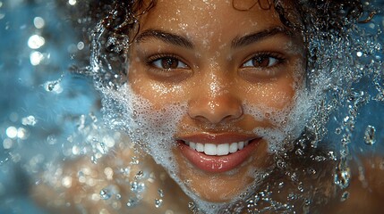 Smiling woman's face covered in bubbles and water.