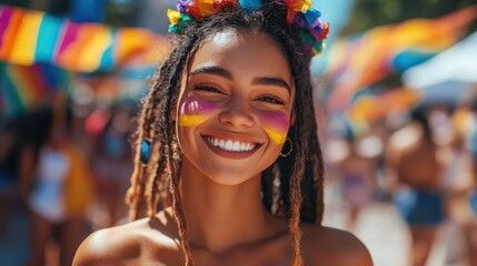 Obraz premium Smiling woman, parade, festival, paint, joy, summer, celebration, LGBT