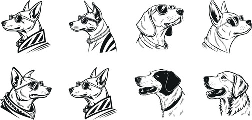 Dog head, dog wearing a sunglass silhouette vector art illustration