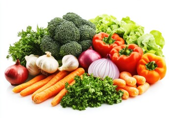 Fresh and Colorful Assortment of Organic Vegetables Including Broccoli, Carrots, Bell Peppers, Onions, Garlic, and Leafy Greens on a Bright White Background