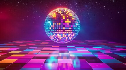 Disco ball shining over colorful dance floor under starry sky