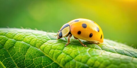 Fototapeta premium Yellow ladybird sitting on a green leaf, insect, outdoor, insect, outdoor, flower