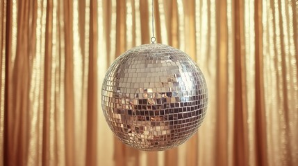 Obraz premium Shiny disco ball hanging on golden curtain reflecting light