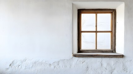 Fototapeta premium A small square window with a wooden frame, offering natural light on a plain white wall.