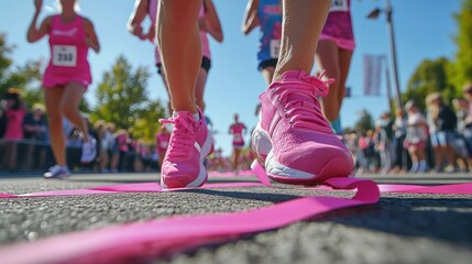 Women's race finish line, pink ribbon, city street, runners