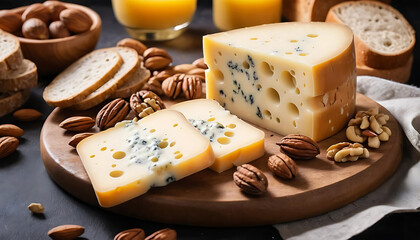 Delicious swiss cheese being served with bread and nuts for cheese lovers day