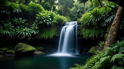 Fototapeta premium serene waterfall surrounded by lush greenery