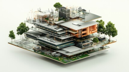 Layered city architectural design,  green spaces,  industrial background.  Use  modern city planning concept