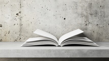 Open book on shelf against concrete wall.