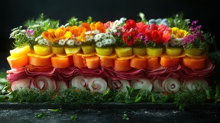 Rainbow vegetable terrine, edible flowers, dark background, food photography