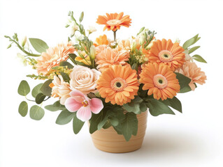 Obraz premium Bright orange gerbera daisies and soft pink roses create cheerful floral arrangement, perfect for celebrations or home decor