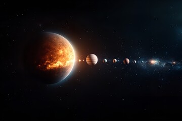 Naklejka premium A breathtaking view of multiple planets lined up in the cosmos, with a vibrant, fiery celestial body prominently featured in the foreground. Stars twinkle in the background