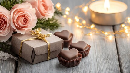 Romantic gift arrangement with chocolate hearts, roses, and soft candlelight for special occasions and celebrations