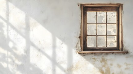 Fototapeta premium A rustic-style window with wooden frame accents, creating a vintage feel against a white wall.