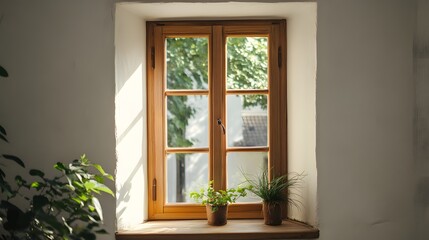 A rustic-style window with wooden frame accents, creating a vintage feel against a white wall.