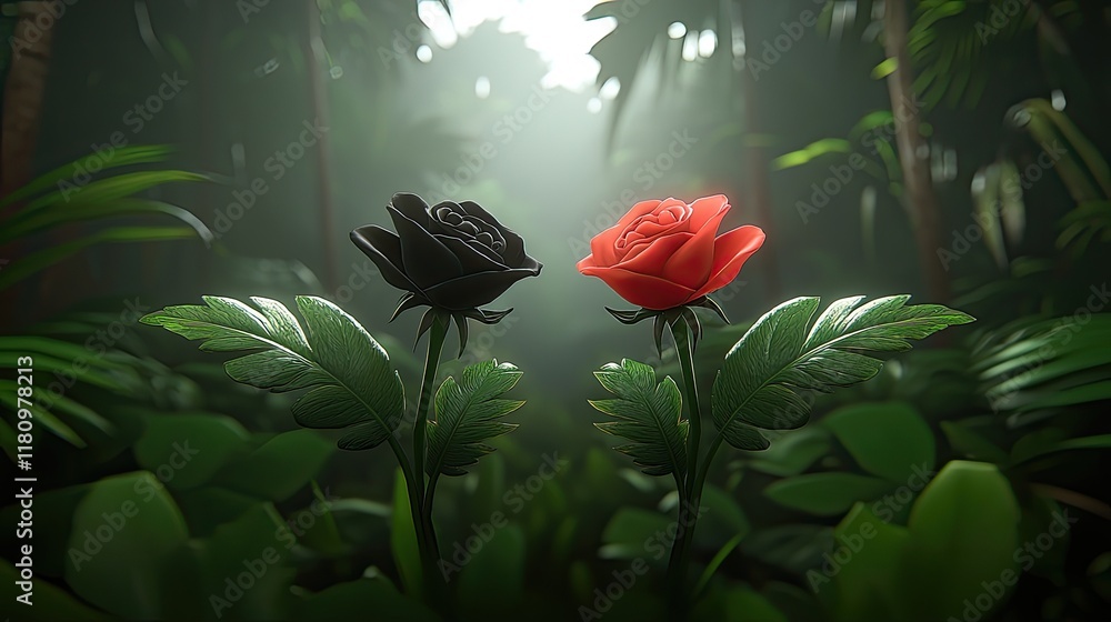 Poster black and red roses displaying contrast in enchanting jungle with mysterious fog and lush greenery