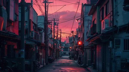 beautiful view of the deserted city at night with a red sky seamless looping overlay 4k virtual video animation background - Powered by Adobe
