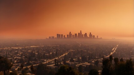Naklejka premium A panoramic view of the Los Angeles skyline shrouded in smoke from nearby wildfires, with a glowing orange horizon, emphasizing the impact of the disaster on urban life,Generative Ai 