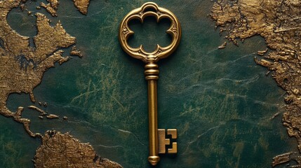 Antique golden key on a vintage world map.