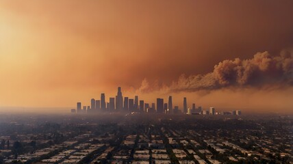 A panoramic view of the Los Angeles skyline shrouded in smoke from nearby wildfires, with a glowing orange horizon, emphasizing the impact of the disaster on urban life,Generative Ai
