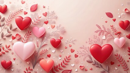 Red heart shapes scattered on a soft pink background with subtle floral patterns