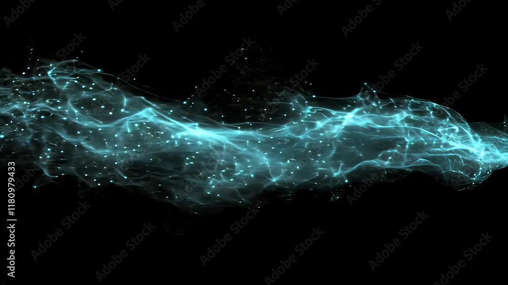 Poster fluid blue waves with glowing particles illuminate a dark background in an artistic display of motio