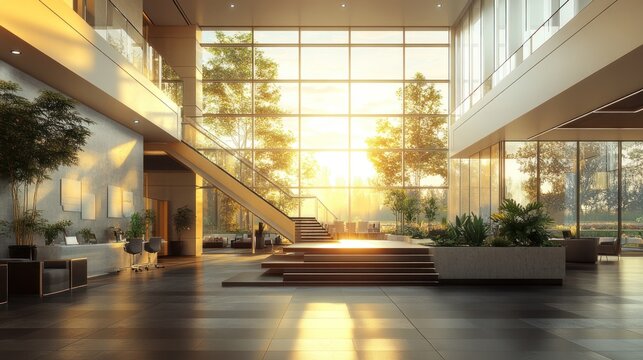 Sunlit modern lobby sunrise atrium stairs reception