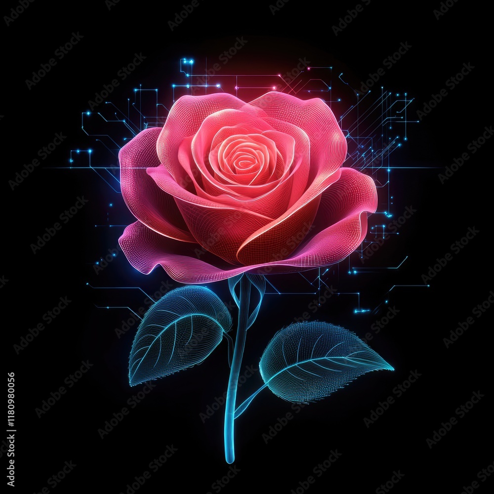 Poster digital rose design with neon glow and circuitry elements representing technology and nature harmony