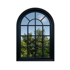 Elegant arched window with natural view outside. transparent background