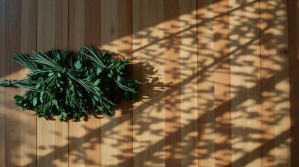 Fresh green herbs on table. farmhouse cooking. flavour. illustration photo. negative space, copy space.
