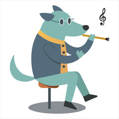 A dog is sitting on a chair and playing the flute