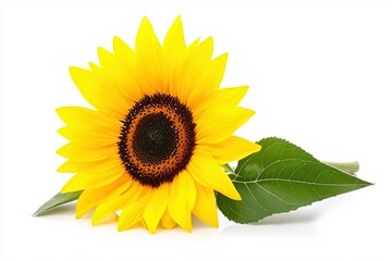 Obraz premium Bright Yellow Sunflower with Green Leaf on White Background for Floral Designs