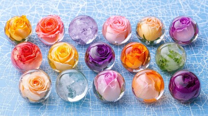 Colorful Roses Encased in Crystal Spheres on Soft Blue Geometric Background