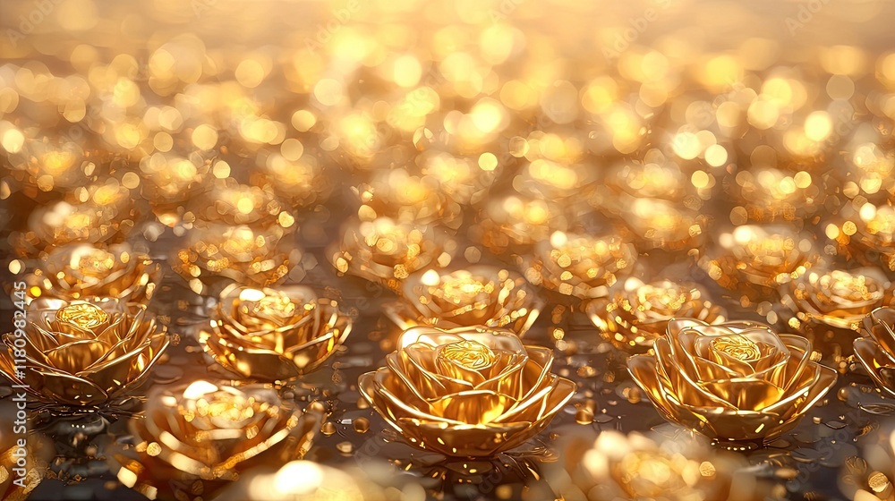 Poster golden roses in dimension with sparkling light and soft bokeh effect on water surface