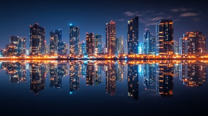 Fototapeta premium Night City Skyline Reflection - Stunning Urban Panorama