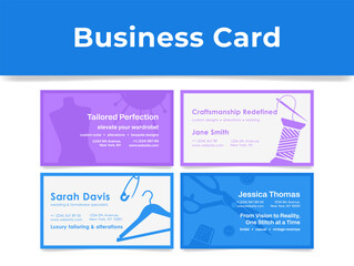 Tailoring service business cards showcasing custom designs and unique offerings in a vibrant layout