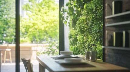 Fototapeta premium Cozy Indoor Dining Space with Greenery and Natural Light in Modern Design