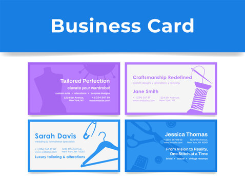 Tailoring service business cards showcasing custom designs and unique offerings in a vibrant layout