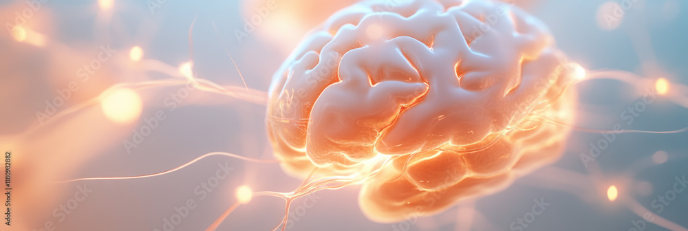 Poster brain illustration with glowing neural connections and soft lighting, representing cognitive functions and neural activity