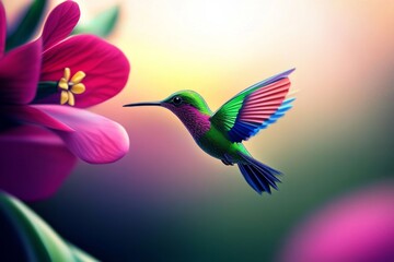 A vibrant hummingbird in motion towards a blooming flower.