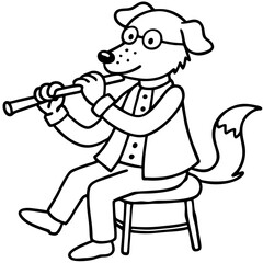 A dog is sitting on a chair and playing the flute