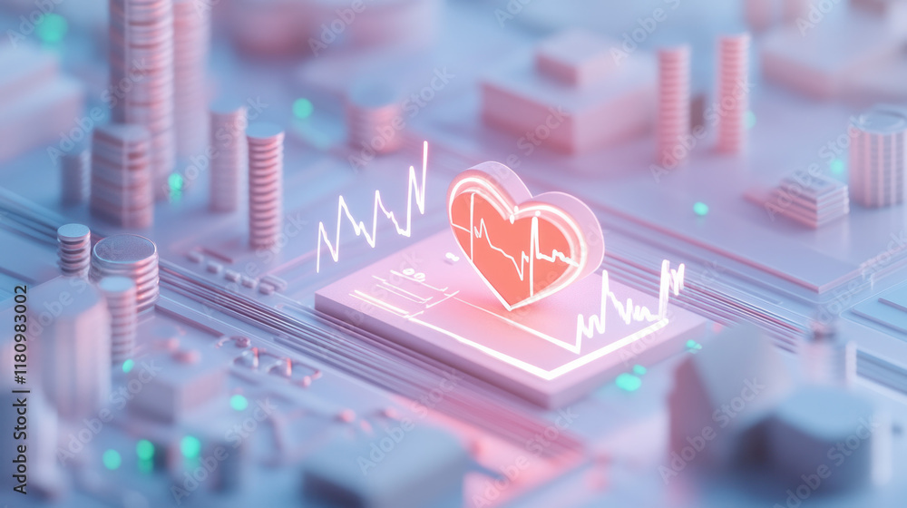 Poster digital heart symbol with heartbeat graph on futuristic city background