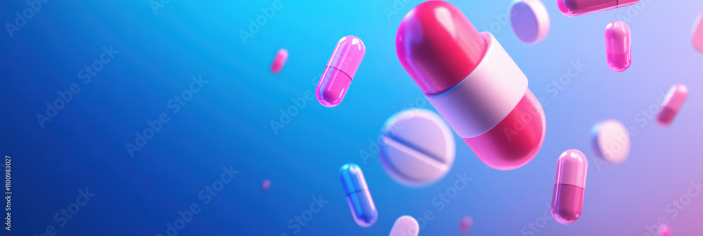 Poster colorful capsules and pills floating in vibrant blue background, creating dynamic and energetic feel