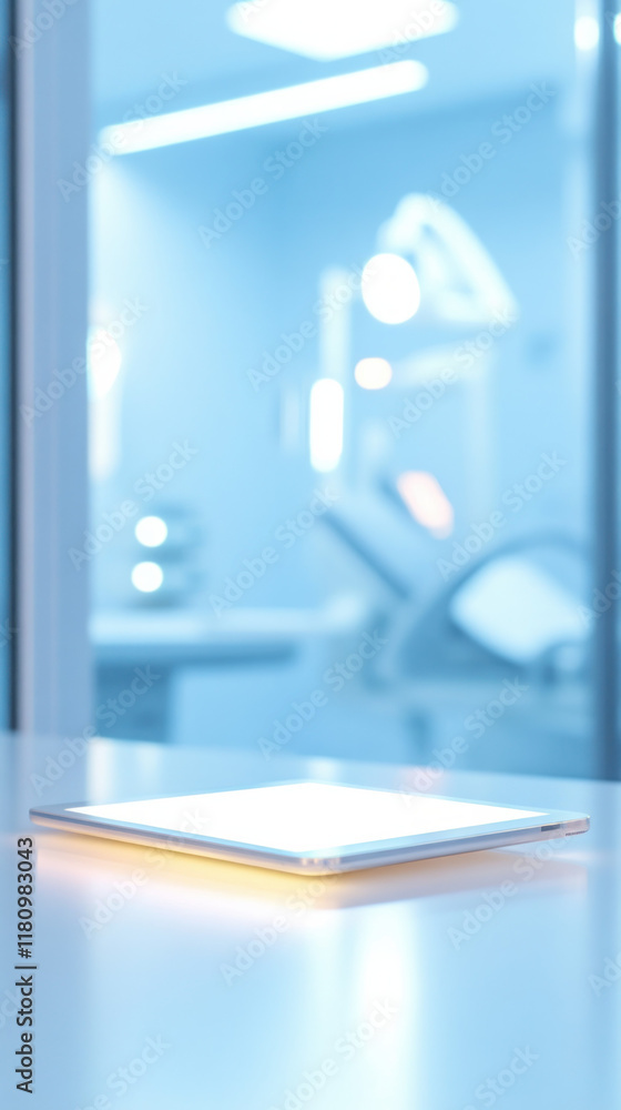 Aufkleber glowing tablet on table in modern medical office, creating serene atmosphere