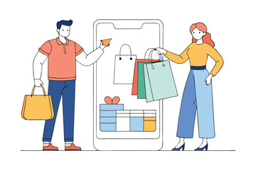 Minimalist illustration of a couple shopping together.eps